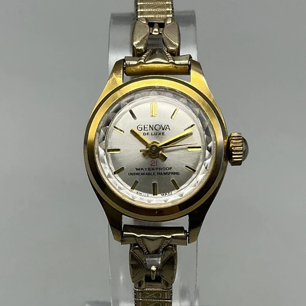 Vintage Genova De Luxe Womens Watch 22mm Gold Tone Stretch Swiss Manual Wind